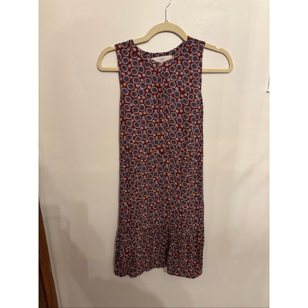 Loft Retro Floral Sleeveless Dress XS Burgundy Navy Button Front Tie Back
